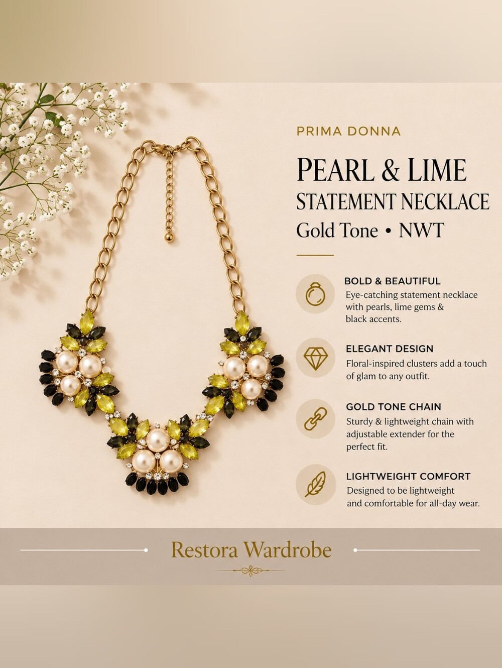 Prima Donna Statement Necklace Pearl Lime Green Gold Tone NWT Glam